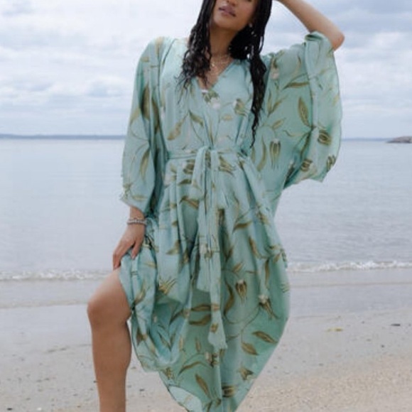 By Anthropologie Satin Tie Front Belted Floral Maxi Dress Caftan - Picture 7 of 12